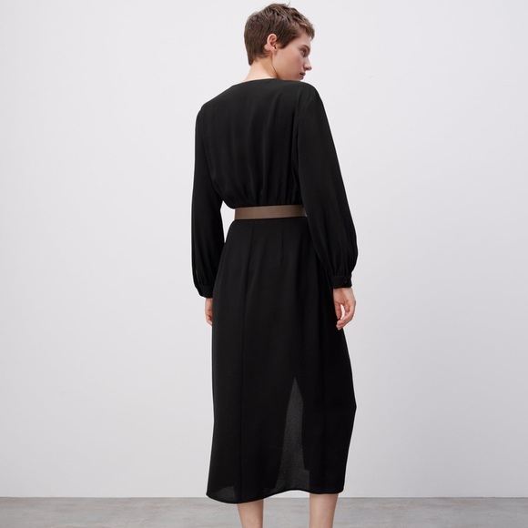 Black Belted Long Sleeve Grunge Midi Dress - Picture 3 of 7